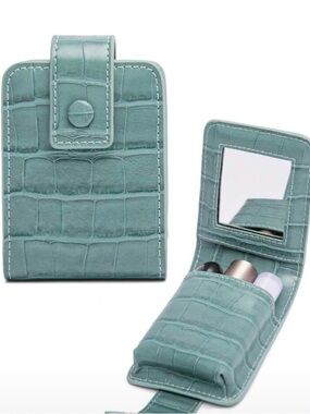 Croc-Embossed Teal Travel Lipstick Case with Mirror